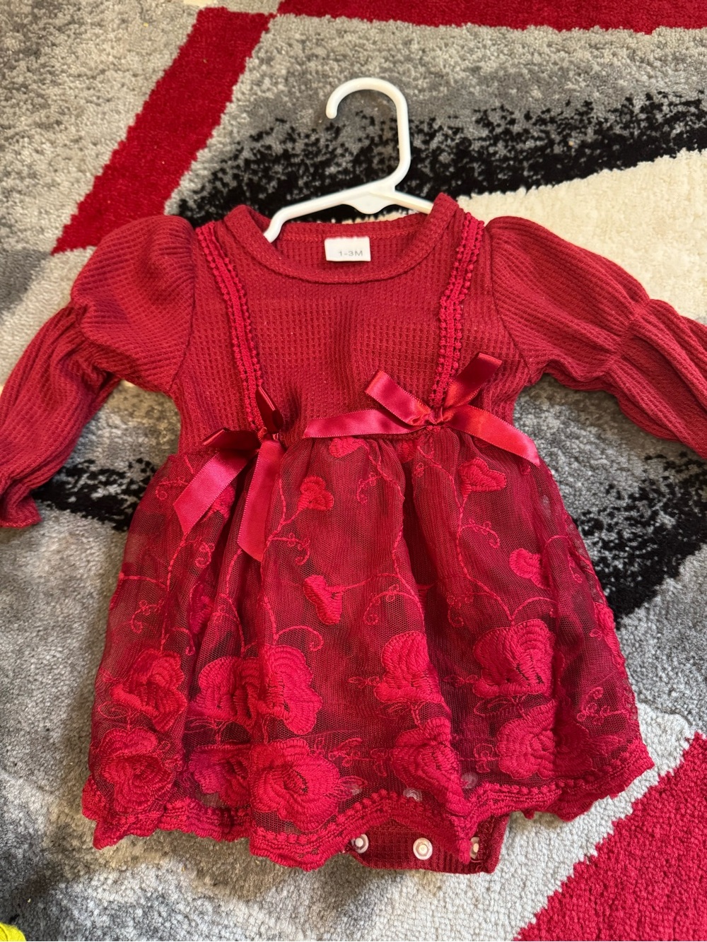Red Embroidered Baby Dress with Satin Bows